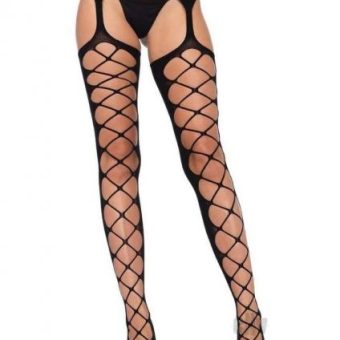 Diamond Net Stocking W/garterbelt Os Blk