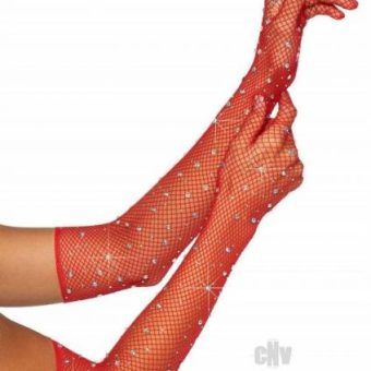 Rhinestone Fishnet Opera Gloves Os Red