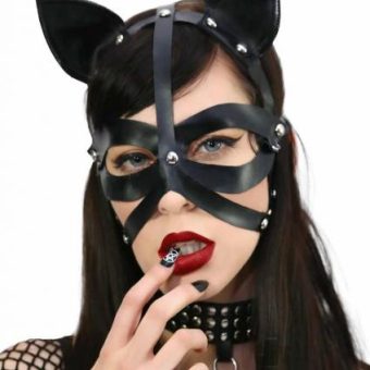 Wet Look Harness Cat Mask Black