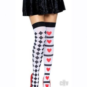 Harlequin Heart Thigh High Os Wht/red