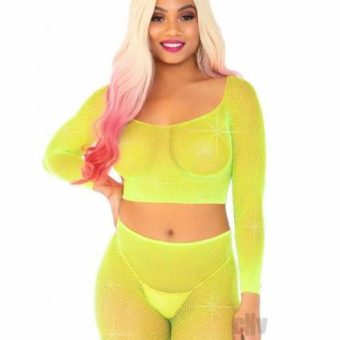 Rhinestone Fishnet Top/shorts Os 2pc Ylw