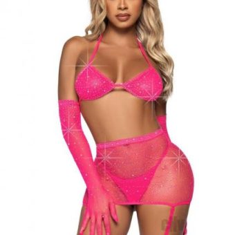 Rhinestone Garter/bikini 5pc Os Pink