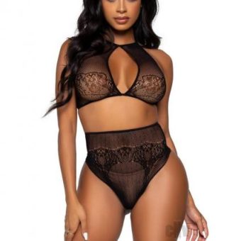 Dotted Net Halter/high Thong 2pc Os Blk