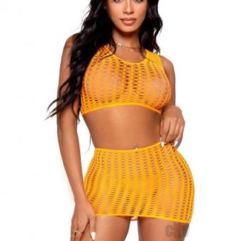 Crochet Tank Top/mini Skirt 2pc Os Orng