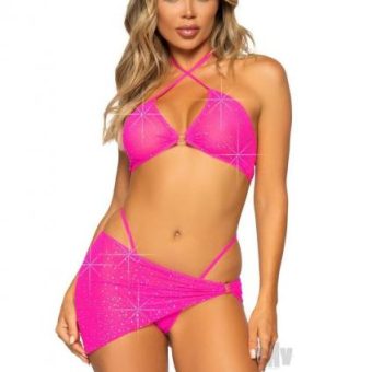 Rhinestone Bra Gstring Sarong 3pc Md Pnk