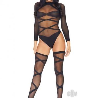 Sheer Cc Bodysuit W/ Thighigh Os Blk 2pc