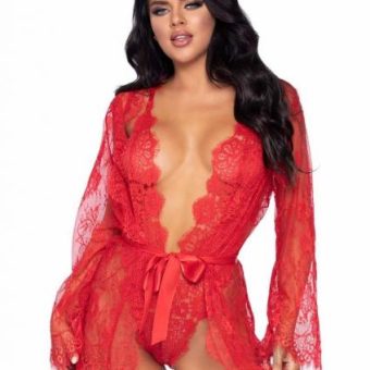 Floral Lace Teddy Thong Robe Tie Lg Red