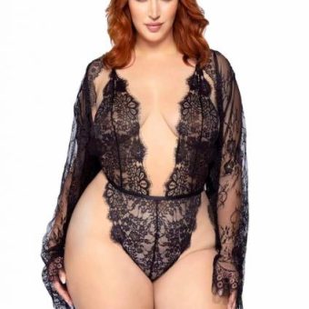 Floral Teddy Thong Robe 3pc 1x/2x Black