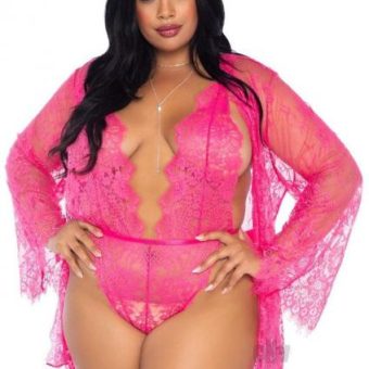 Floral Teddy Thong Robe 3pc 1x-2x Pink