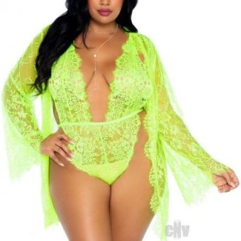 Floral Teddy Thong Robe 3pc 1x-2x Lime