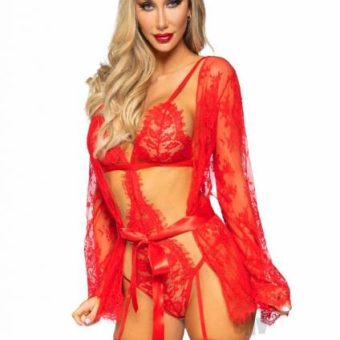 Eyelash Lace Garter Teddy 3pc Lg Red