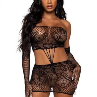 Strap Lace Tube Dress/gloves 2pc Os Blk