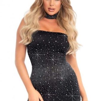 Opaque Rhinestone Tube Dress 2pc Lg Blk