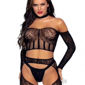 Lace Lng Sleeve Halter Set 3pc Os Blk