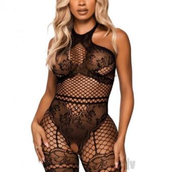 Seamless Net Halter Bodystocking Os Blk