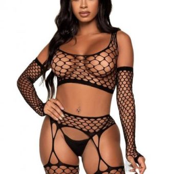 Net Crop Top Stockings Gloves 3pc Os Blk