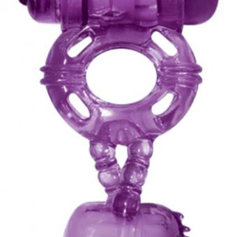 The Macho Double Cock And Balls Ring With Clitoral Tickler Silicone Waterproof Purple