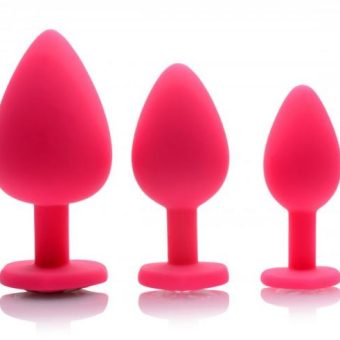 Pink Hearts 3 Piece Silicone Anal Plugs with Gems