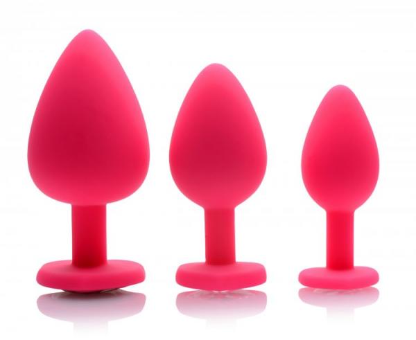 Pink Hearts 3 Piece Silicone Anal Plugs with Gems