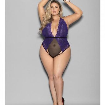 Euphoria Halter Lace & Mesh Teddy W/wrist Restraints Purple/black Qn