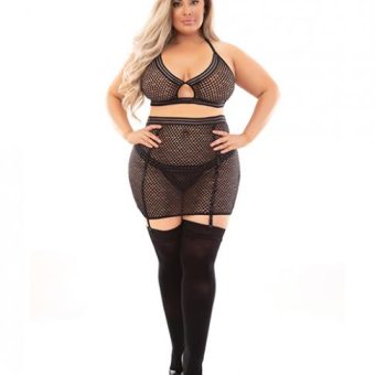 Bold Fetish Fishnet Bra, Skirtini & Hose Black 1x