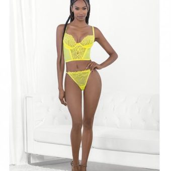 Neon Lace Corset Top W/ring Accent & Panty Neon Lime Lg