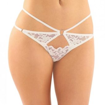 Jasmine Strappy Lace Thong W/front Keyhole Cut Out White L/xl