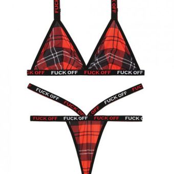 Vibes F*ck Off  Bralette & Thong Set Red Plaid L/XL