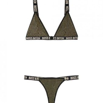Vibes Boss Bitch Bralette & Thong Panty Black Gold S/M