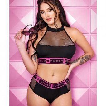 Vibes Pussy Power Micro-net Halter Top & Booty Short Black M/l