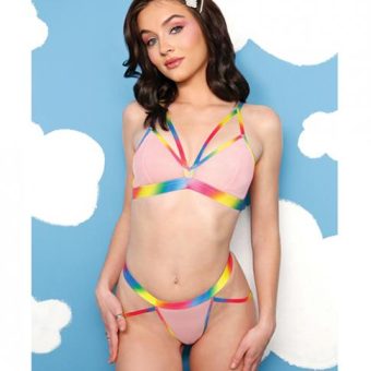 Vibes Make It Rain Caged Bralette & Panty W/booty Rainbow M/l