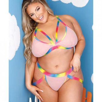 Vibes Make It Rain Caged Bralette & Panty W/booty Rainbow Qn