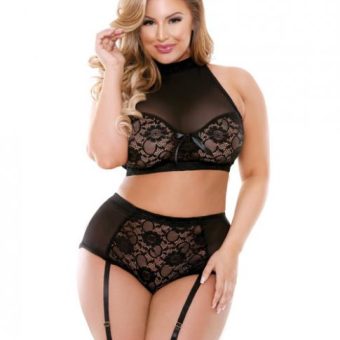 Curve Katia Halter Bra & Gartered Panties Black 3X/4X