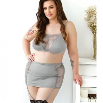Curve Layne Lace & Microfiber Bralette W/garter Skirt & G-string Gray 3x/4x