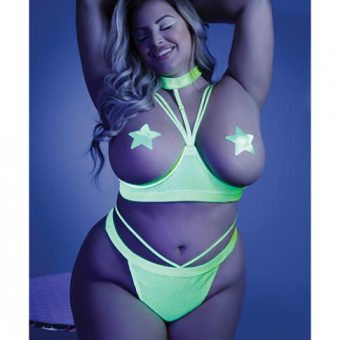 Glow Black Light Harness Open Shelf Bra & Cage Thong (pasties Not Included) Neon Lemon Qn