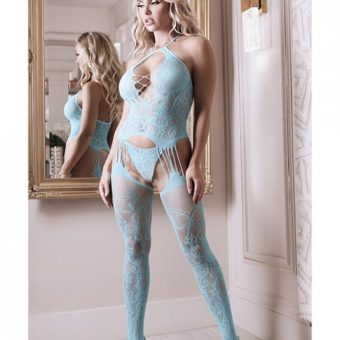 Sheer Fantasy Halter Neck Floral Lace Gartered Bodystocking & Panty Light Blue O/s