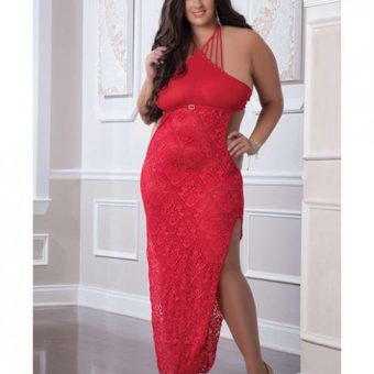 Shoulder Baring Laced Night Dress Red Qn