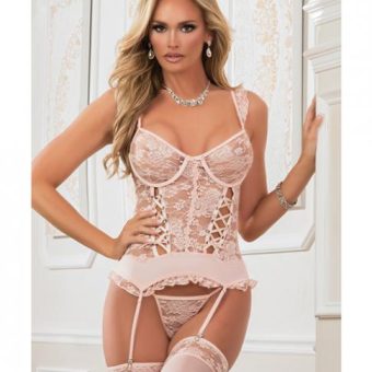 Lace Up Garter Corset W/thong & Stockings Champagne Pink O/s