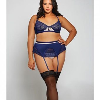 Geometric Lace W/matte Microfiber Bra, Garter Belt & G-string Navy/beige 1x
