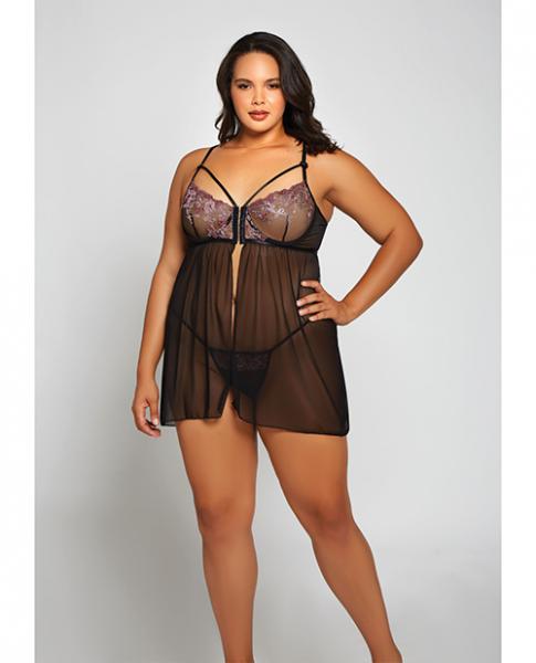 Jacquard Lace, Fine Mesh Babydoll & G-string Fuchsia/black 2x