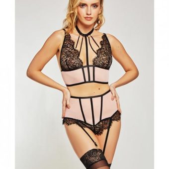 Estrella Lace & Stretch Sateen Bra & Garter Set Pink/black Md