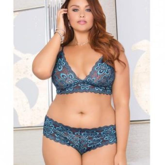 Lace Bralette Adjustable Straps & Panty Blue 1X