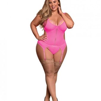 Sheer Mesh Merry Widow & Crotchless G-string Pink Qn