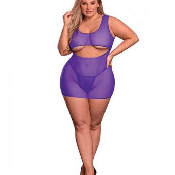 Sheer Mesh Underboob Dress & Crotchless G-string Purple Qn
