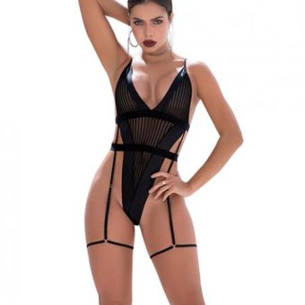 Shadow Panel Bodysuit W/hook & Eye Crotch Closure & Attached Garters Black M/l