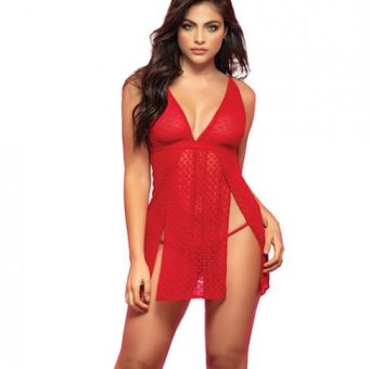 Mesh Printed Babydoll W/g-string Red M/l