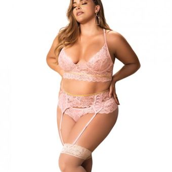 Lace Underwire Bra, Thong & Garterbelt W/lace Up Detail Rose 1x/2x