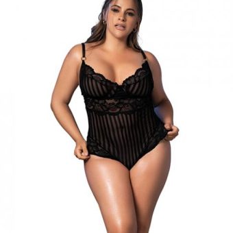 Shadow Stripe & Lace Teddy W/hook & Eye Closure Black 1x/2x