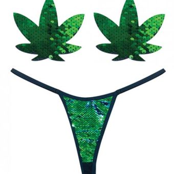 Neva Nude Naughty Knix Weed Leaf Sequin G-string & Pasties - Green  O/s