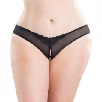Crotchless Thong with Pearls Black O/S